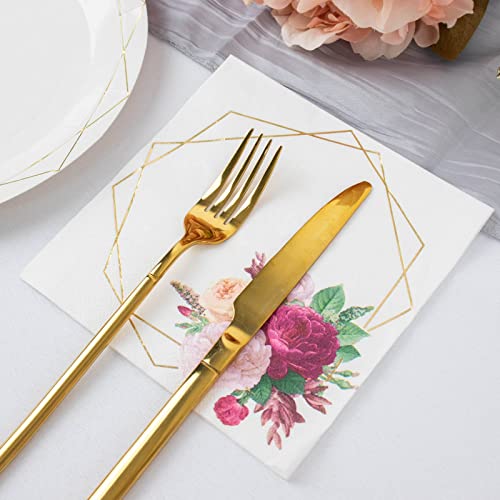 Efavormart 20 Pack | 2 Ply Soft White/Gold Hexagon Frame Floral Paper Napkins, Wedding Dinner Cocktail Beverage Napkins