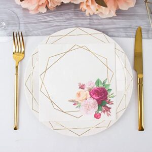 Efavormart 20 Pack | 2 Ply Soft White/Gold Hexagon Frame Floral Paper Napkins, Wedding Dinner Cocktail Beverage Napkins