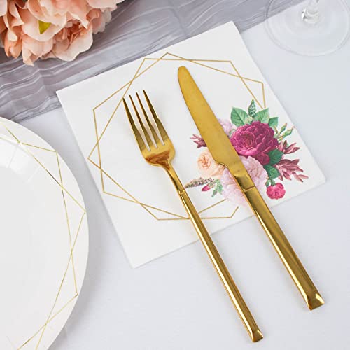 Efavormart 20 Pack | 2 Ply Soft White/Gold Hexagon Frame Floral Paper Napkins, Wedding Dinner Cocktail Beverage Napkins