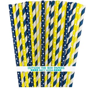 navy blue yellow and white paper straws – stripe polka dot – 100 pack outside the box papers brand