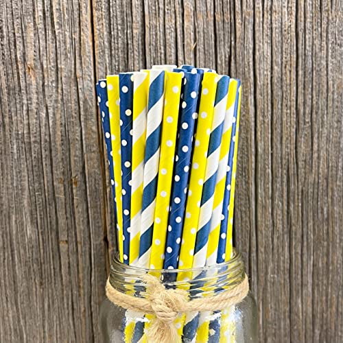 Navy Blue Yellow and White Paper Straws - Stripe Polka Dot - 100 Pack Outside the Box Papers Brand