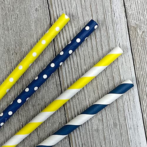 Navy Blue Yellow and White Paper Straws - Stripe Polka Dot - 100 Pack Outside the Box Papers Brand