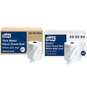 tork matic hand towel roll, white with gray leaf, advanced, h1, medium capacity, 2-ply, 6 rolls x 525 ft & matic extra soft paper hand towel roll white with blue leaf h1, 6 rolls x 300 ft, 290094