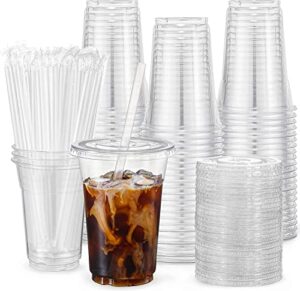 vitever [100 sets – 24oz] plastic cups with lids and straws, disposable cups for iced coffee, smoothie, milkshake, cold drinks – clear