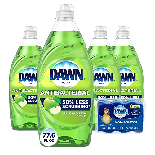 Dawn Dish Soap, Antibacterial Hand Soap, Dishwashing Liquid, Apple Blossom Scent,19.4 Oz, Pack Of 4 + 2 Sponges