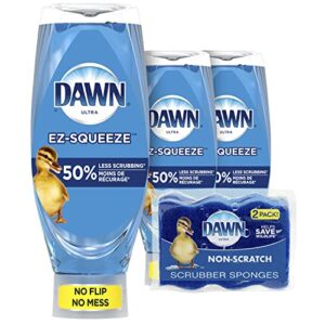 dawn dish soap ez-squeeze dishwashing liquid + non-scratch sponges for dishes, original scent, includes 3x22oz bottles + 2 sponges