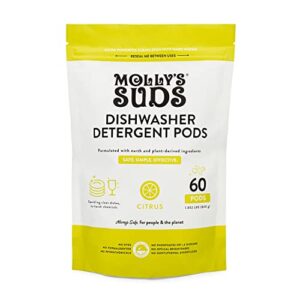 molly’s suds dishwasher pods | natural dishwasher detergent, cuts grease & rinses clean (residue-free) for sparkling dishes, biodegradable auto-release tabs (citrus – 60 count)