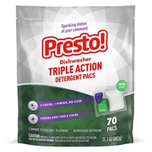 amazon brand – presto! triple action dishwasher pacs, fresh scent, 70 count