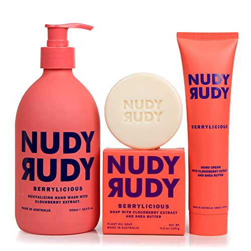 Nudy Rudy - Berrylicious Trio Bundle - Hand Cream, Liquid Hand Wash & Bar Soap - Organic Shea Butter - Natural - Non-Greasy - Moisturizer - Hand Lotion - Hand Soap - Body Wash - Skin Care - 3 Pack