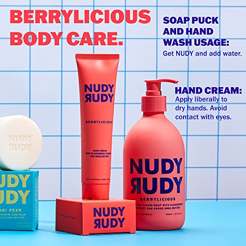 Nudy Rudy - Berrylicious Trio Bundle - Hand Cream, Liquid Hand Wash & Bar Soap - Organic Shea Butter - Natural - Non-Greasy - Moisturizer - Hand Lotion - Hand Soap - Body Wash - Skin Care - 3 Pack