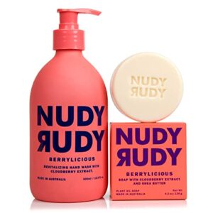 nudy rudy – berrylicious – liquid hand wash + 2 bar soap bundle – organic shea butter – cloudberries – non-greasy – hand soap – body wash – skin care – men & women – 16.9 fl oz & 4.2 oz – 3 pack