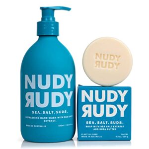 nudy rudy – sea. salt. suds. – liquid hand wash + 2 bar soap bundle – organic shea butter – sea salt – non-greasy – hand soap – body wash – skin care – men & women – 16.9 fl oz & 4.2 oz – 3 pack
