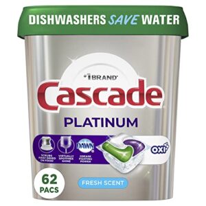 cascade platinum dishwasher pods, dishwasher detergent, dishwasher pod, dishwasher soap pods, actionpacs + oxi with dishwasher cleaner and deodorizer action, fresh, 62 count of dish detergent pods