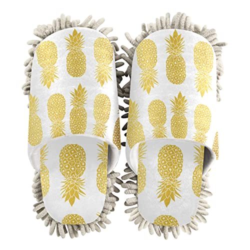 Kigai Microfiber Cleaning Slippers Gold White Pineapples Washable Mop Shoes Slipper for Men/Women House Floor Dust Cleaner, Size M