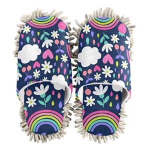 kigai microfiber cleaning slippers cute floral and rainbow washable mop shoes slipper for men/women house floor dust cleaner, size l