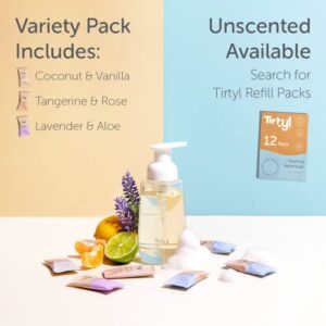 Tirtyl Hand Soap Single Kit - Glass Foaming Dispenser + 3 Tablet Refills - Compostable Packaging - Variety Fragrances - 24 fl oz total (makes 3x 8 fl oz bottles of soap)