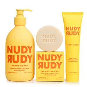 nudy rudy – hunny bunny trio bundle – hand cream, liquid hand wash & bar soap – organic shea butter – manuka honey – non-greasy – moisturizer – hand lotion – hand soap – body wash – skin care – 3 pack