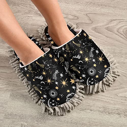 Kigai Microfiber Cleaning Slippers Yellow Stars and White Moon Washable Mop Shoes Slipper for Men/Women House Floor Dust Cleaner, Size M