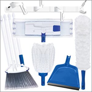 lola products 7-in-1 cleaning kit & storage system | space saver | 3 mops, 1 broom, 1 dustpan, 1 storage rack & 1 handle | cleans dirt, dust, & pet hair | wall mount holder, floor cleaner, & dusting