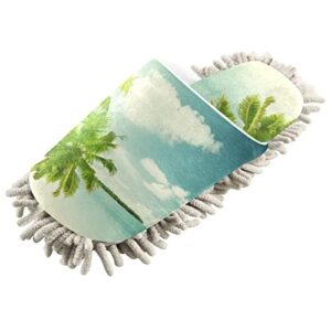 Kigai Microfiber Cleaning Slippers Seaside Palm Tree Washable Mop Shoes Slipper for Men/Women House Floor Dust Cleaner, Size M