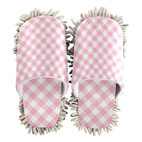 Kigai Microfiber Cleaning Slippers Pink Gingham Washable Mop Shoes Slipper for Men/Women House Floor Dust Cleaner, Size M