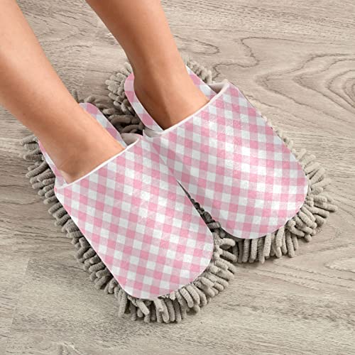 Kigai Microfiber Cleaning Slippers Pink Gingham Washable Mop Shoes Slipper for Men/Women House Floor Dust Cleaner, Size M