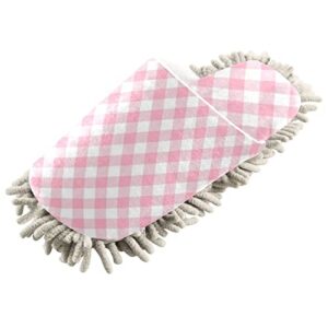 Kigai Microfiber Cleaning Slippers Pink Gingham Washable Mop Shoes Slipper for Men/Women House Floor Dust Cleaner, Size M