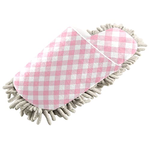 Kigai Microfiber Cleaning Slippers Pink Gingham Washable Mop Shoes Slipper for Men/Women House Floor Dust Cleaner, Size M