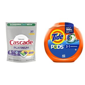 cascade platinum boost dishwasher pods, actionpacs dishwasher detergent, lemon, 37 count & tide pods laundry detergent soap pods, original scent, 42 count