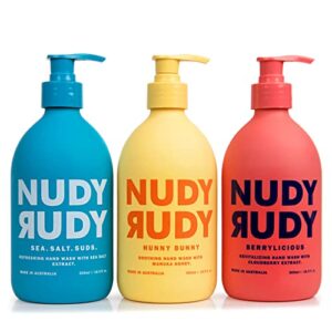 nudy rudy – liquid hand wash bundle – berrylicious, hunny bunny, & sea. salt. suds. – manuka honey – cloudberries – sea salt – moisturizing hand soap – skin care – men & women – 16.9 fl oz – 3 pack