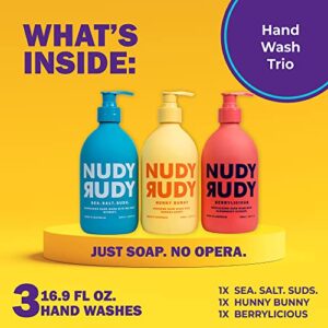 Nudy Rudy - Liquid Hand Wash Bundle - Berrylicious, Hunny Bunny, & Sea. Salt. Suds. - Manuka Honey - Cloudberries - Sea Salt - Moisturizing Hand Soap - Skin Care - Men & Women - 16.9 fl oz - 3 Pack