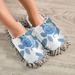 Kigai Microfiber Cleaning Slippers Blue Rose Washable Mop Shoes Slipper for Men/Women House Floor Dust Cleaner, Size L