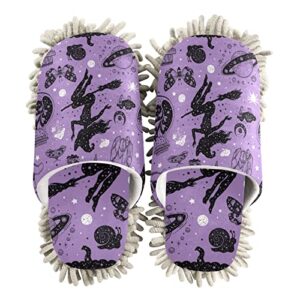 kigai microfiber cleaning slippers spooky halloween pattern purple washable mop shoes slipper for men/women house floor dust cleaner, size m