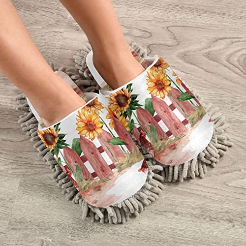 Kigai Microfiber Cleaning Slippers Garden Roosters Sunflowers Washable Mop Shoes Slipper for Men/Women House Floor Dust Cleaner, Size M