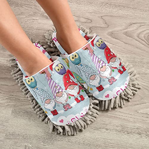 Kigai Microfiber Cleaning Slippers Christmas Gnome and Owls Washable Mop Shoes Slipper for Men/Women House Floor Dust Cleaner, Size L