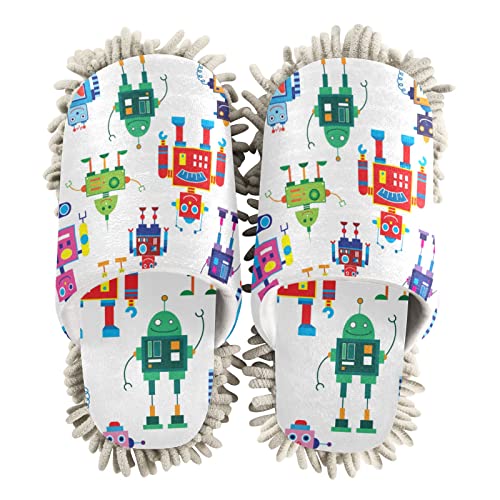 Microfiber Cleaning Slippers Cute Robots Washable Mop Shoes Slipper for Men/Women House Floor Dust Cleaner, Size L