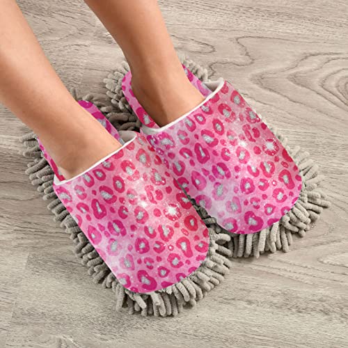 Kigai Microfiber Cleaning Slippers Bright Pink Laopard Washable Mop Shoes Slipper for Men/Women House Floor Dust Cleaner, Size M