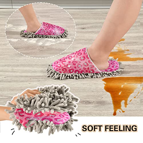 Kigai Microfiber Cleaning Slippers Bright Pink Laopard Washable Mop Shoes Slipper for Men/Women House Floor Dust Cleaner, Size M