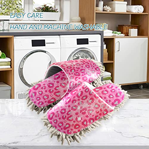 Kigai Microfiber Cleaning Slippers Bright Pink Laopard Washable Mop Shoes Slipper for Men/Women House Floor Dust Cleaner, Size M