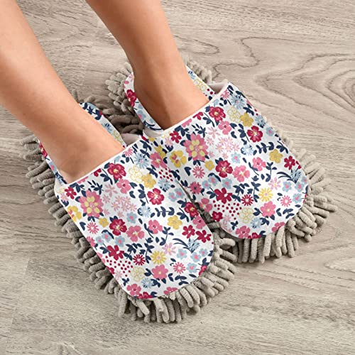 Kigai Microfiber Cleaning Slippers Cute Floral Washable Mop Shoes Slipper for Men/Women House Floor Dust Cleaner, Size L