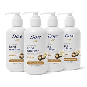 dove nourishing hand sanitizer 99.99% effective against germs shea butter and warm vanilla antibacterial gel with 61% alcohol and lasting moisturization for up to 8 hours, 8 fl oz (pack of 4)