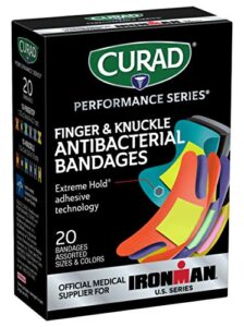 curad performance series ironman fingertip and knuckle antibacterial bandages, extreme hold adhesive technology, fabric bandages, 20 count