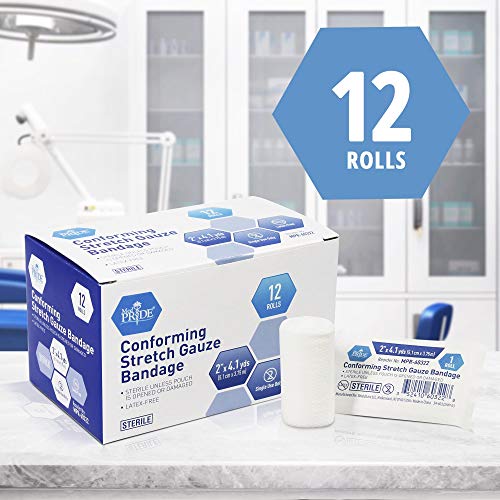 Medpride Conforming Stretch Gauze Bandages 12 Rolls 2'' x 4.1 Yards | Sterile Latex Free First Aid Pads | Wound Care Rolled Dressing Wrap | Medical Non-Adherent Mesh Bandages