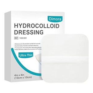 dimora hydrocolloid wound dressing, 10 pack ultra thin 4″ x 4″ large patch bandages with self-adhesive, fast healing for bedsore, burn, blister, acne care, sterile and waterproof
