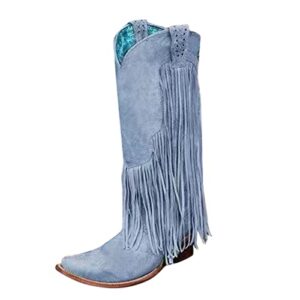 guldnds women’s plus size winter chunky heel fringe boots women’s high heel boots tall boots ladies cowboy boots light blue