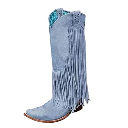 Guldnds Women's Plus Size Winter Chunky Heel Fringe Boots Women's High Heel Boots Tall Boots Ladies Cowboy Boots Light Blue