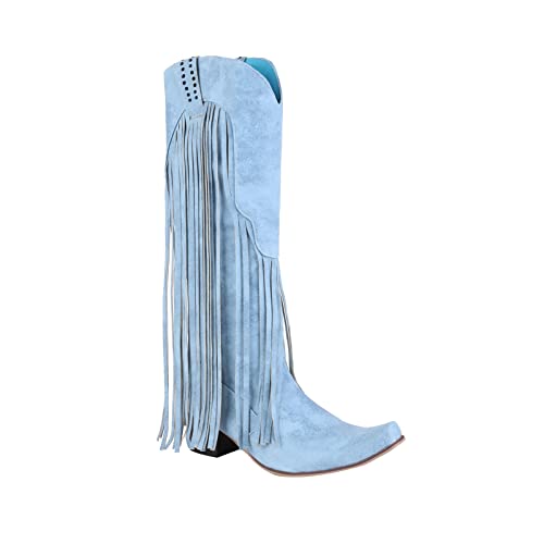 Guldnds Women's Plus Size Winter Chunky Heel Fringe Boots Women's High Heel Boots Tall Boots Ladies Cowboy Boots Light Blue