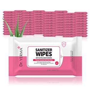 dr. yerma hand wipes with aloe vera & extra moisturizers, 80 packs of 20 (1600 wipes), travel size, vegan flower scented, 80 packs