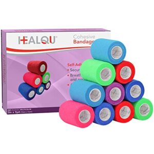 healqu self adhesive bandage wrap – 12 rolls 2in x 5yd cohesive tape for athletic and sports – self adherent medical tape, flexible, elastic bandages multicolor for wrist & ankle vet wrap for dogs