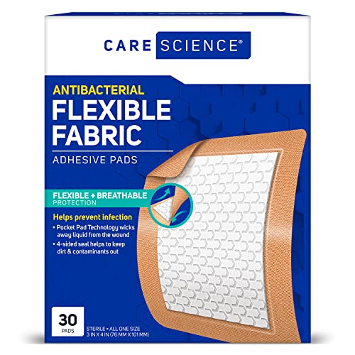 Care Science Antibacterial Fabric Adhesive Pad Bandages, 3x4 inches Extra Large Flexible Non-Stick Strip, Helps Prevent Infection, Breathable Protection, for First Aid & Wound Care, 30 Count